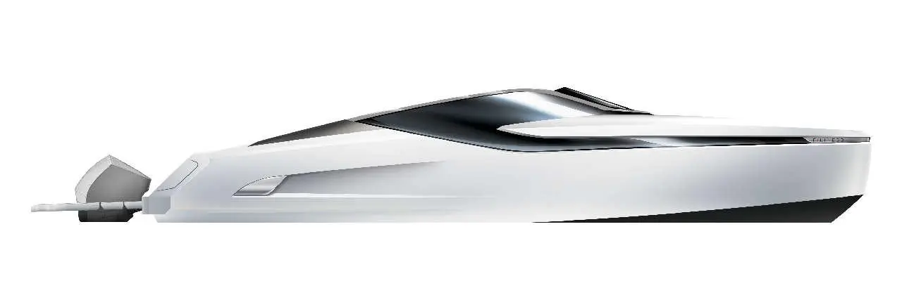 A sleek, white motorboat with a streamlined design, featuring a prominent bow and distinctive black accents.